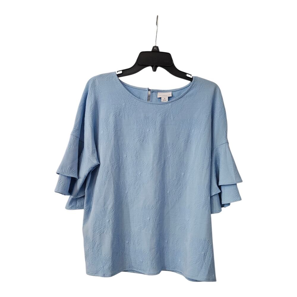 Liz Claiborne Womens MEDIUM Blouse Blue Textured S/S Back Keyhole